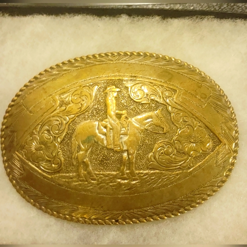 Vtg CRUMRINE Bronze Calf Roping Rodeo Double Banner Award Style Belt Buckle